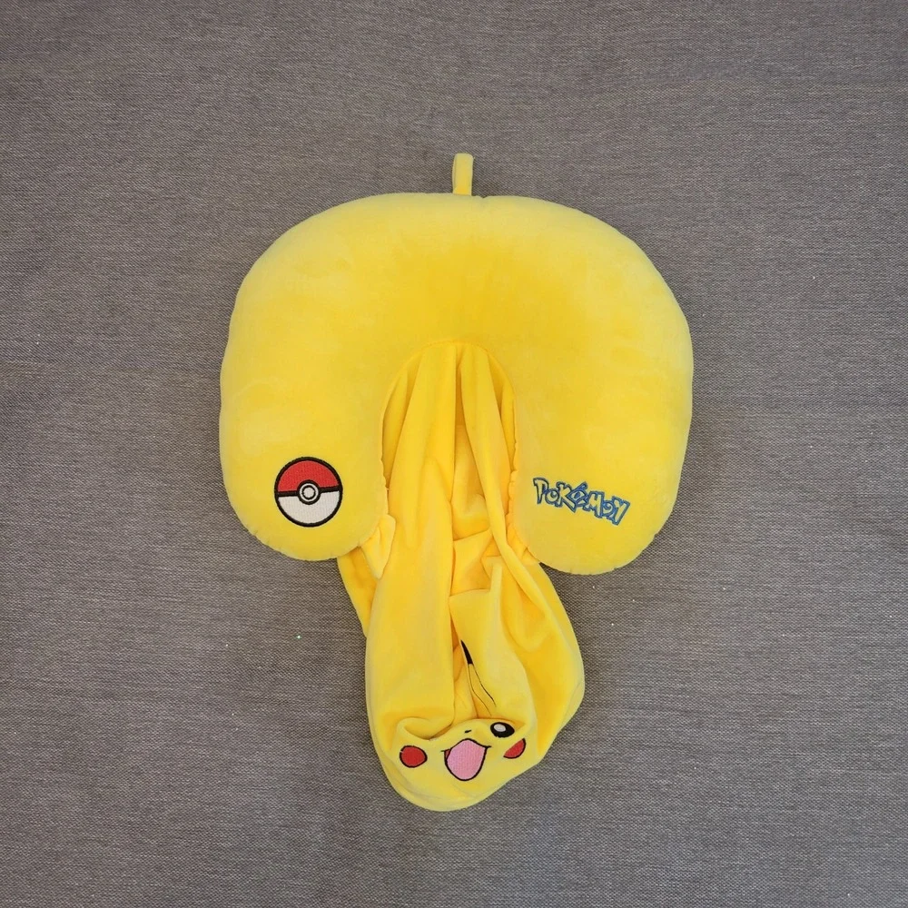 Pokemon Pikachu Hooded Neck Pillow 90sYellow Plush Travel Support Pokeball Logo - Picture 2 of 10